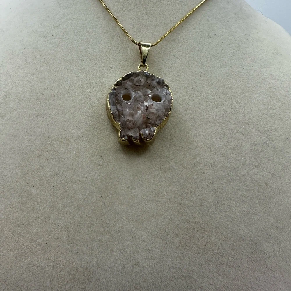 Druzy Amethyst Skull Pendant on Stainless Steel Snake Chain